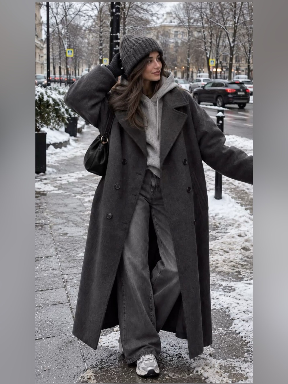 Vintage Grey Charcoal Double-Breasted Wool Cashmere Coat Oversized